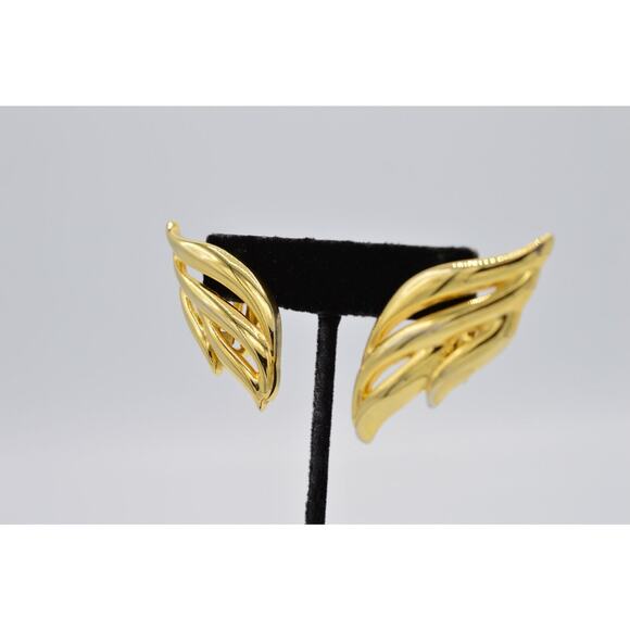 Givenchy Vintage Clip Earrings Shiny Gold Winged Heavy Chunky Signed Runway BinW - Picture 3 of 10